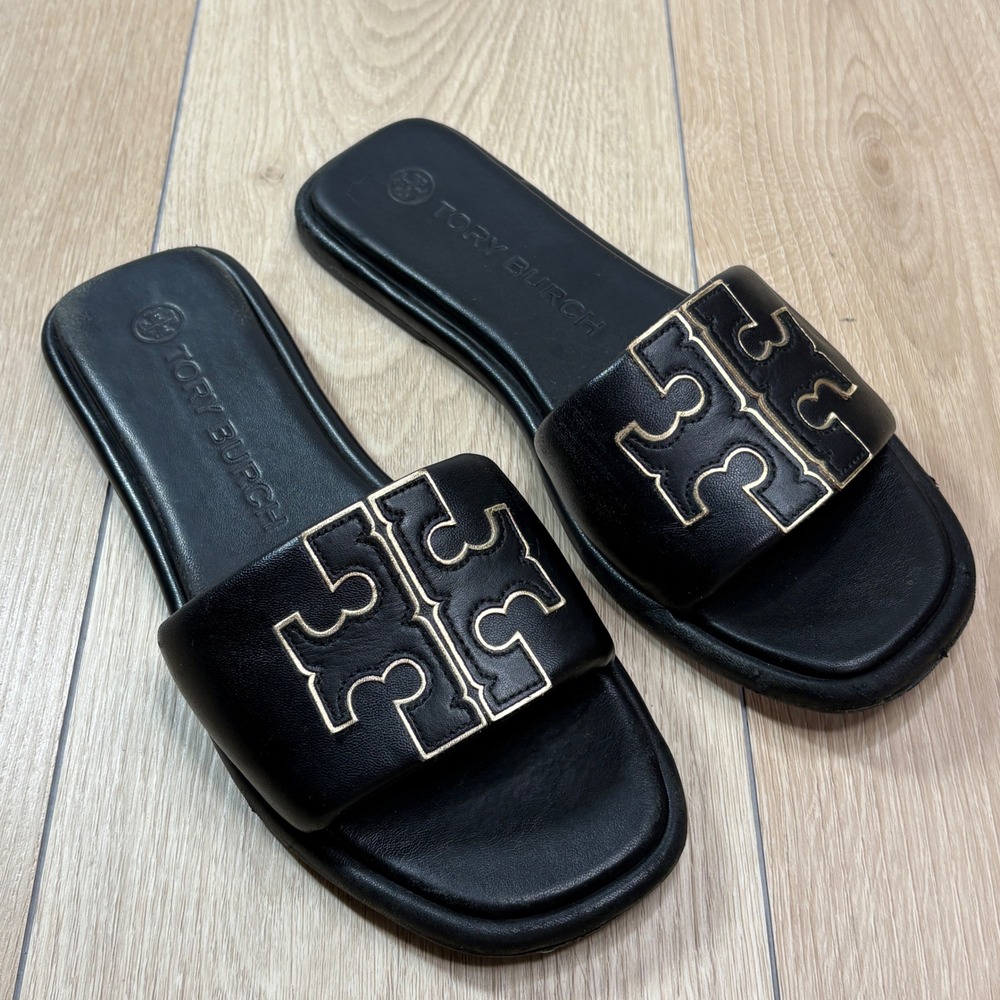 Tory Burch Double T Sport Slides Perfect Black Leather Gold Logo Sandals 8.5M